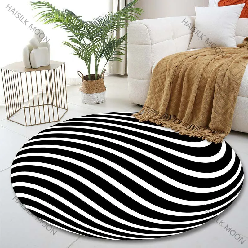 1PC Black and white wavy sphere Print Round Carpet for Living Room Bedroom Sofa Table Floor Mat Area Rug Luxury Gift