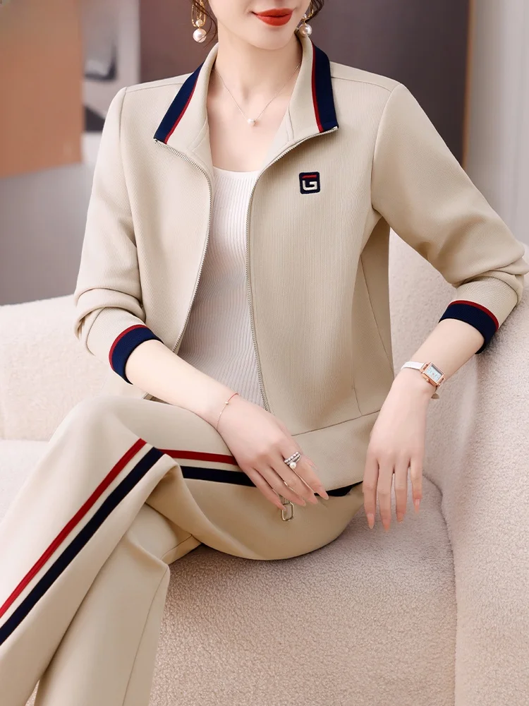 

Casual Sportswear Set for Women Middle-Aged And ly Spring Faion Brand Top Long Pants Zipper Closure Regular Sve