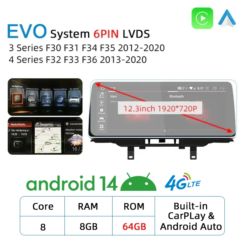 12.3 CarPlay Screen for BMW F30 F31 F34 F35 F32 F33 F36 2012-2020