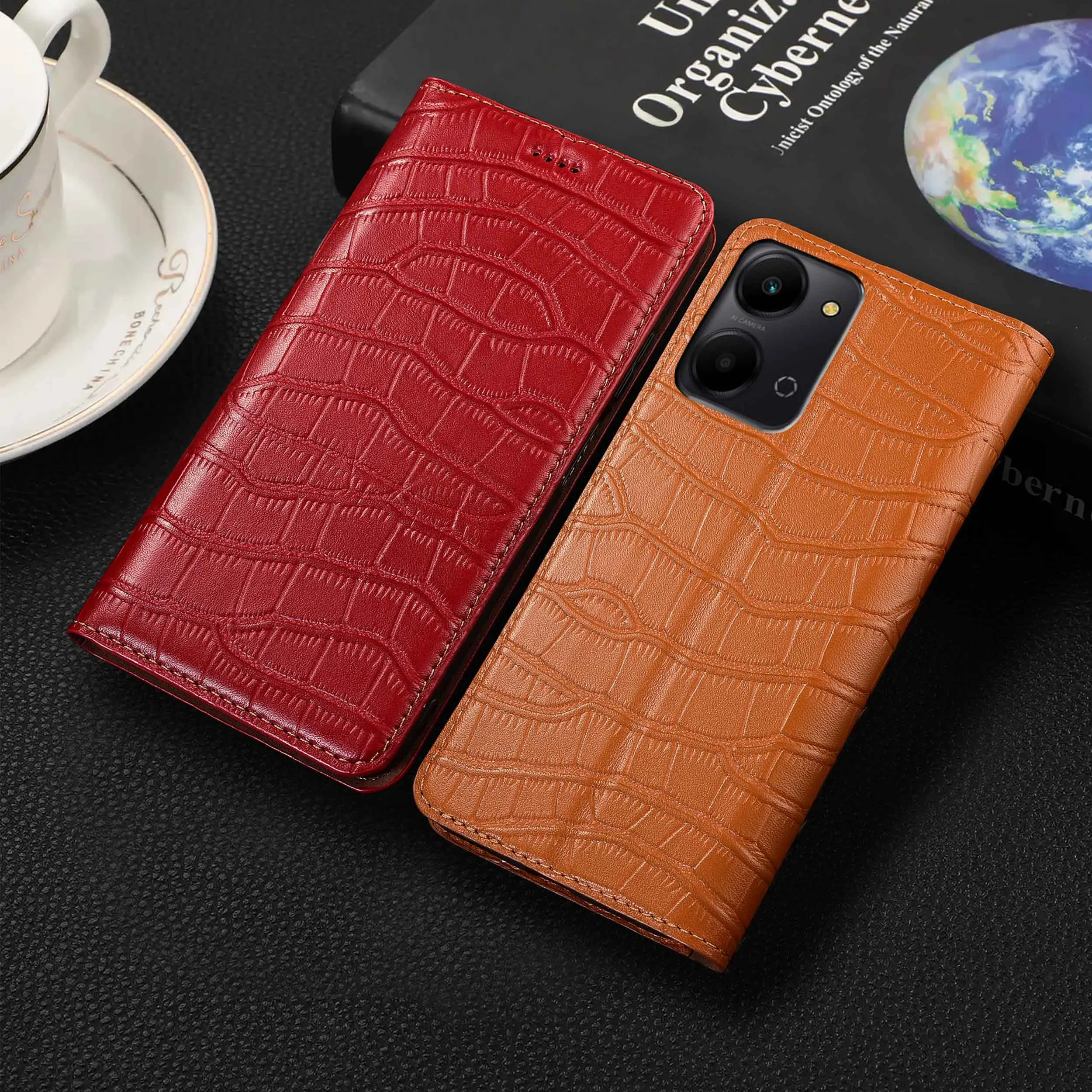 

For Honor Play 3 4 4T 5 5T 6T 7T Pro Crocodile Belly Pattern Genuine Leather Wallet Flip Phone Cover Case Cowhide Scratch-Proof