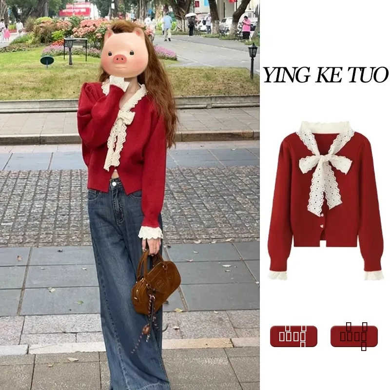 

Red Lace Knot Sweater Cardigan Women's Slim ort Knitted Jaet New Year Sle Commute Polyester Fiber Long Sve