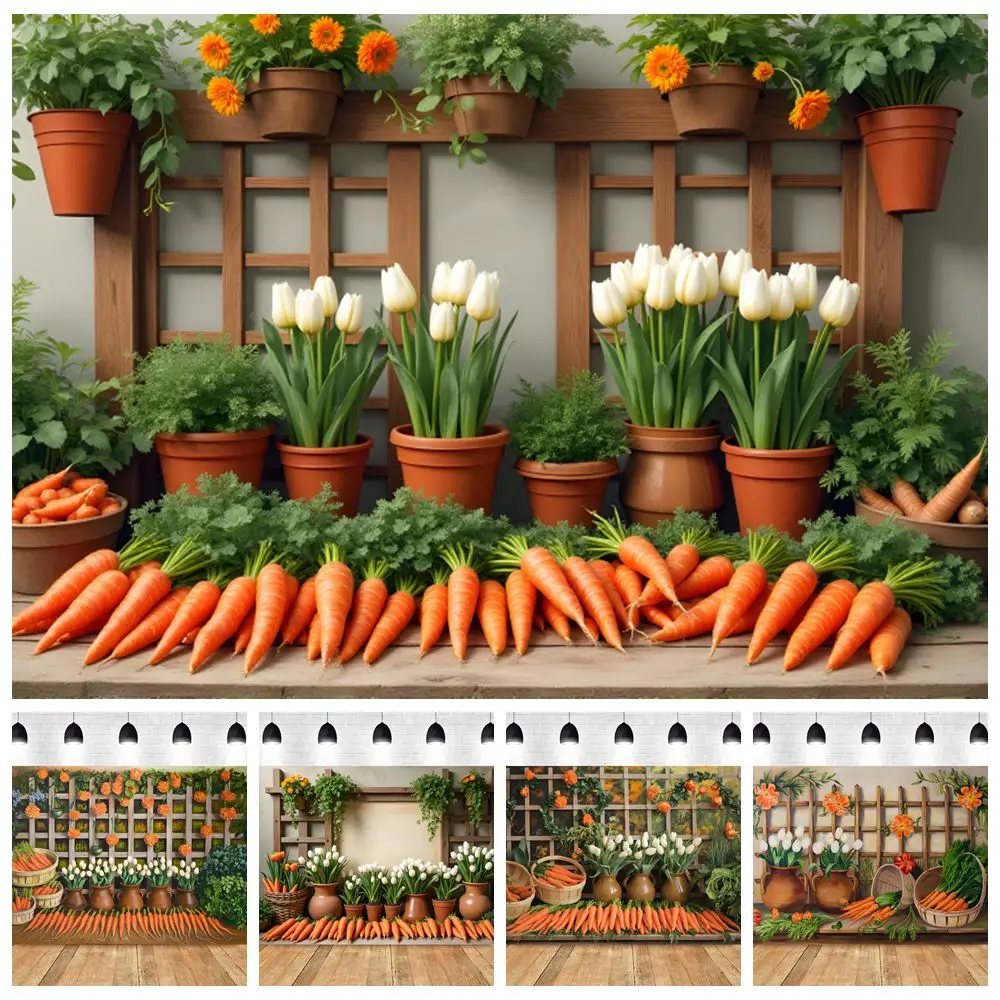 Spring Easter Carrot Backdrop Flowers Green Plants Baby Kids Portrait Photography Background Decor Photo Studio Photobooth Props