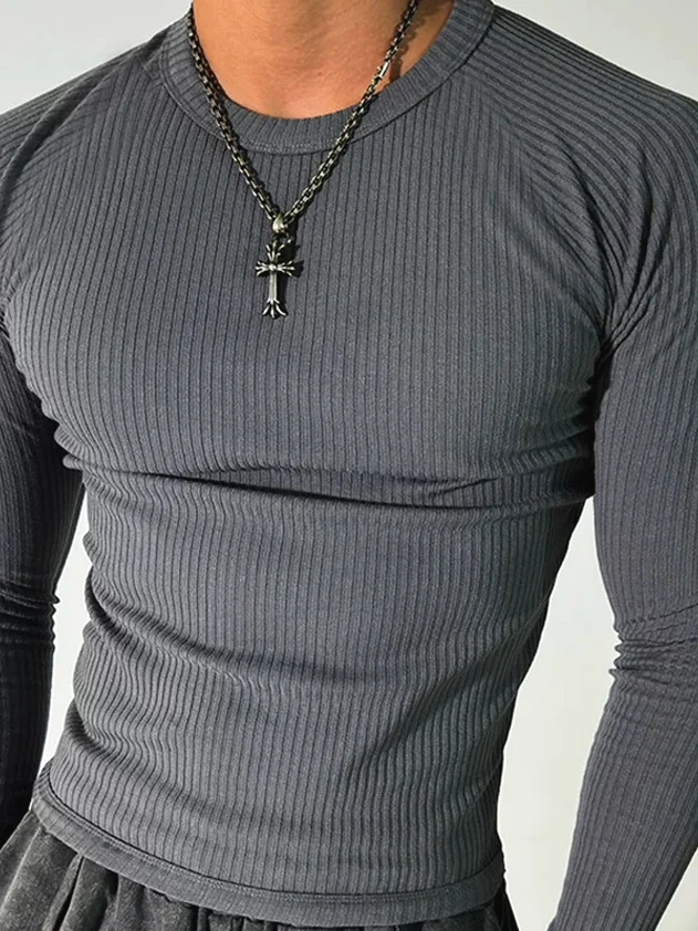 American Hard Man Style Elastic Slim Fit Muscle Man Long Sleeve Knitted Base Shirt Trendy Shoulder Width Waist Narrowing T-Shirt