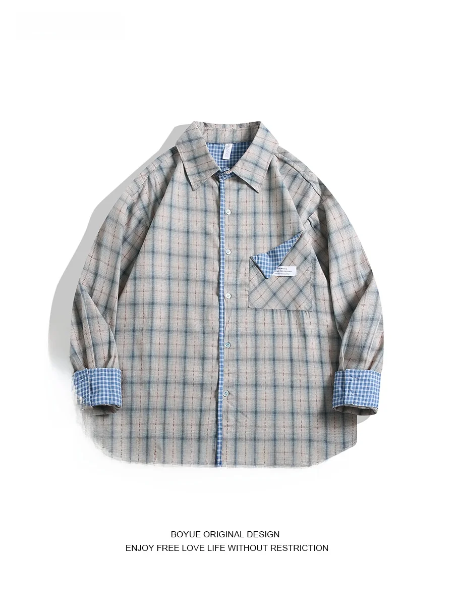 

Мужская тонкая повседневная верхняя одежда Boyue Long Sve в стиле ретро, с защитой от солнца, контрастными вставками в клетку и эффектом тонирования