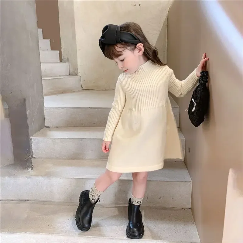 

3Colors Baby Girls Knitted Sweaters Dress Girl Kids Fashion Birthday Princess Dresses Children Knit Clothes