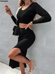 Women's Fall  2 Piece Sweater Set Ribbed Knit Long Sleeve Crop Top Side Split Bodycon Maxi Skirts Matching Sets Casual Outfits