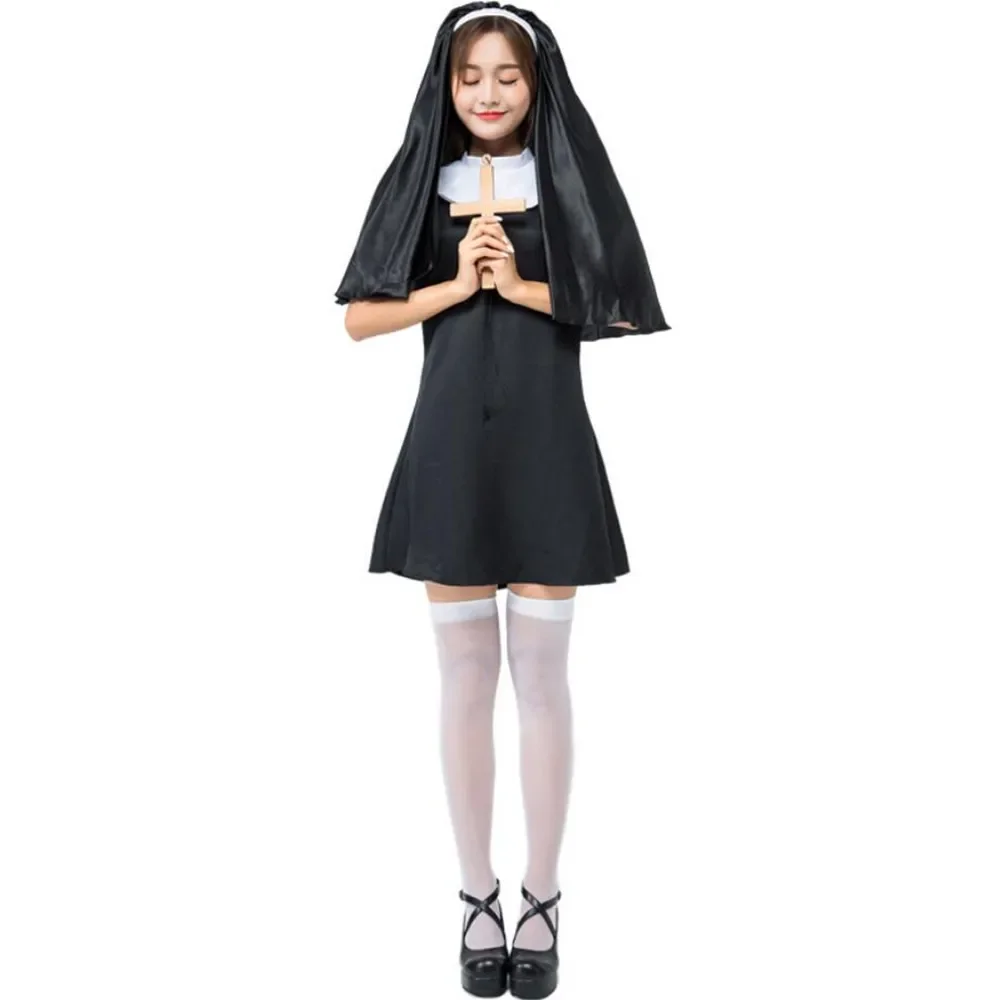 Costumi di Halloween per le donne Costume da monaca Fantasia Adulto sorella religiosa abbigliamento Cosplay vestito foulard croce