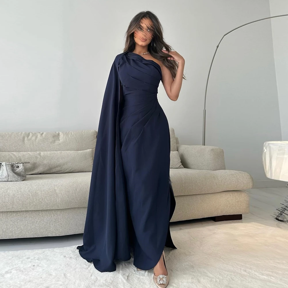 

Rosella Navy One Shoulder Fashion Evening Dress Pleated Special Events Dress Floor Length Cape Sleeves Saudi Evening Dress 2023