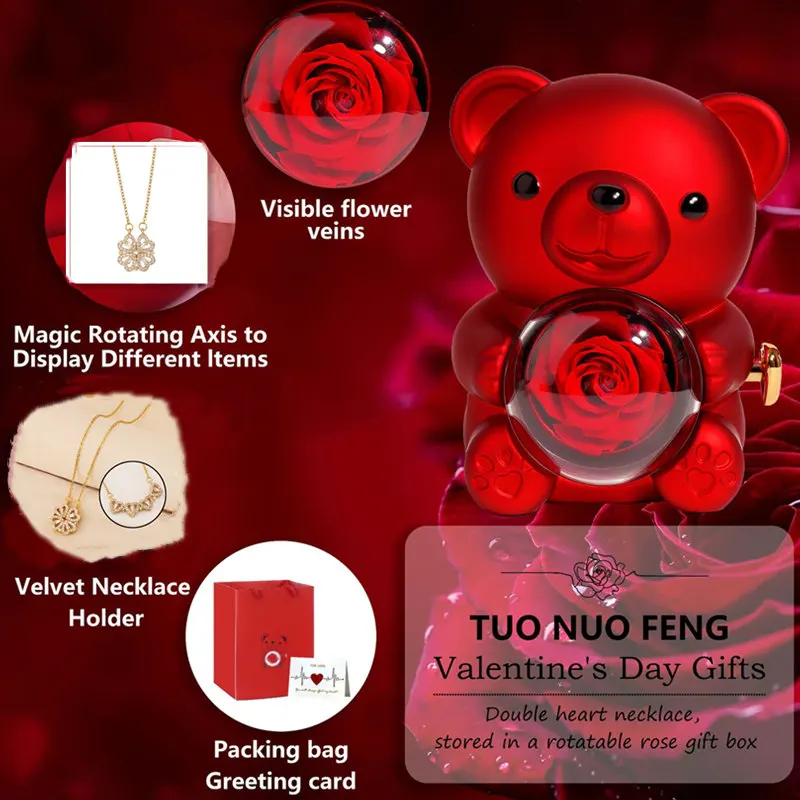 

Шкатулка для украшений с мультяшным медведем и вечной розой, подарок на День святого Валентина, свадебный подарок, подарок на День матери, декоративная коробка для колец