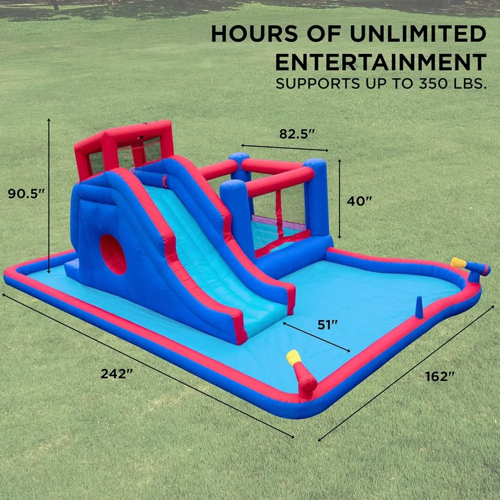 2-in-1 Bounce & Blast Inflatable Water Slide Park Climbing Wall, Slide, Bouncer & Splash Pool Included Air Pump & Carrying Case