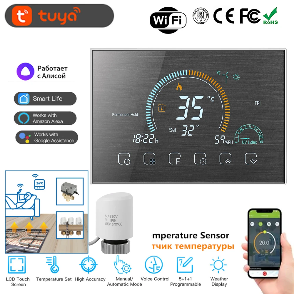 Termostato WiFi táctil programable para Actuador térmico eléctrico, Válvula termostática, Cabezal termostático, Válvula de parada Funciona con Alexa