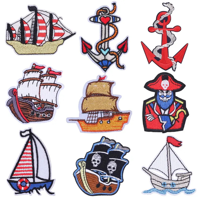 Skull Pirate Boat Embroidered Patches for Clothing Thermoadhesive Patch Badge Sewing Iron on Ship\'s Anchor Fusible Patch Sticker