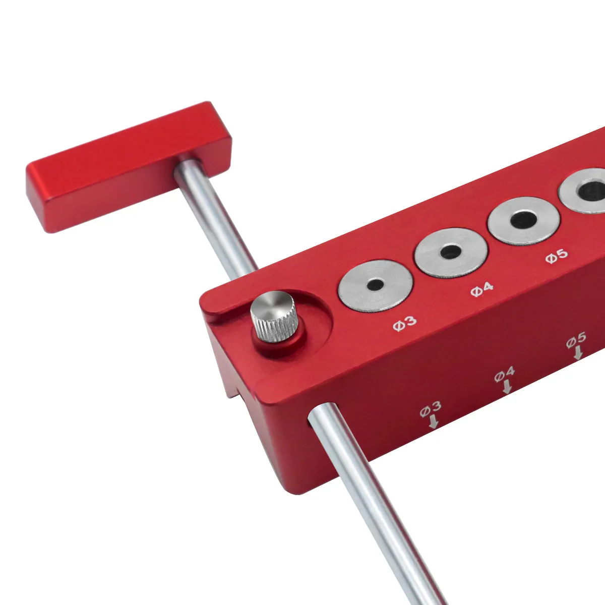Precision 6-Hole Aluminum Locator Plate for Wood Drilling Tasks Including Cabinet Shelving and Table Leg Mounting