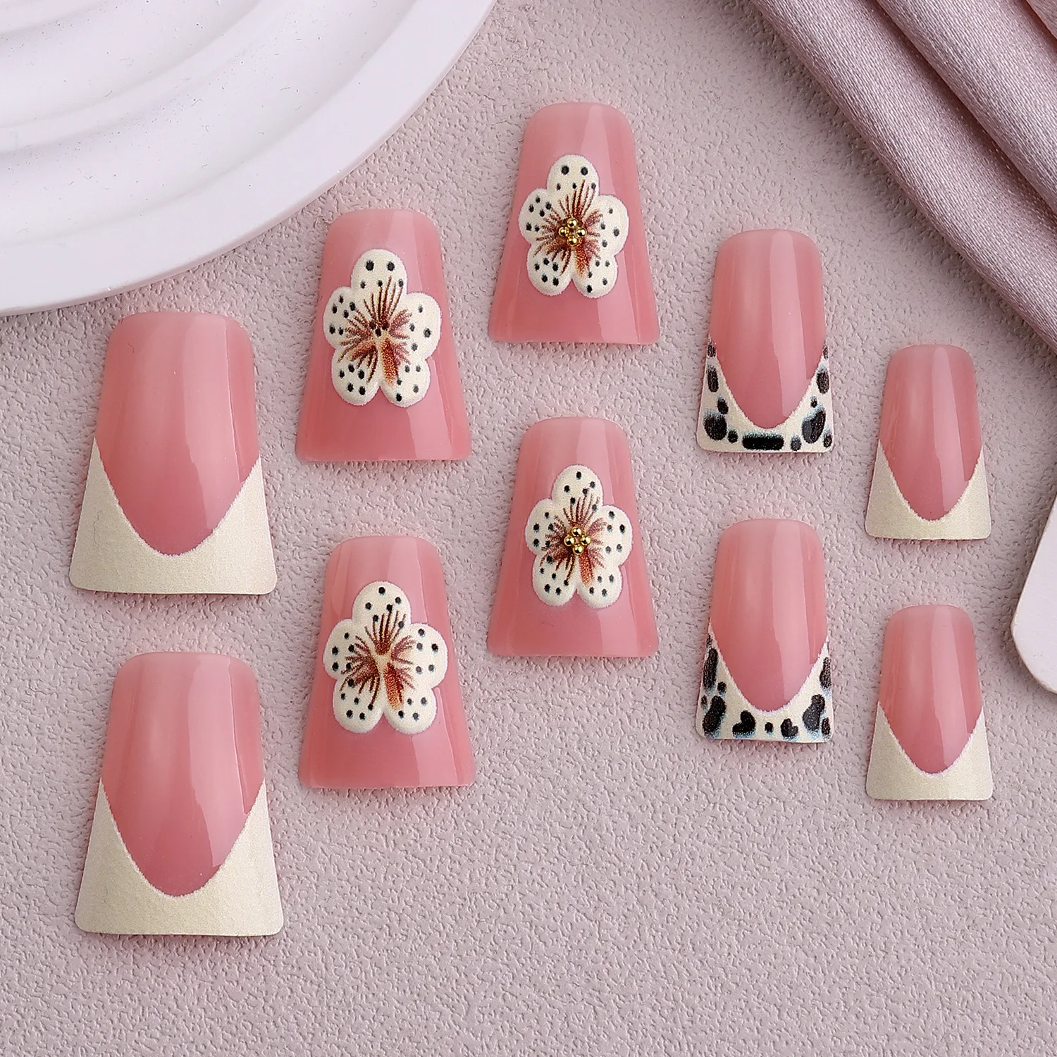 

24PCS 3D Cherry Blossom Floral Press on Nails with Duck Bill Shape Nude Pink French Leopard Print Fake Nails Sweet Cool Manicure