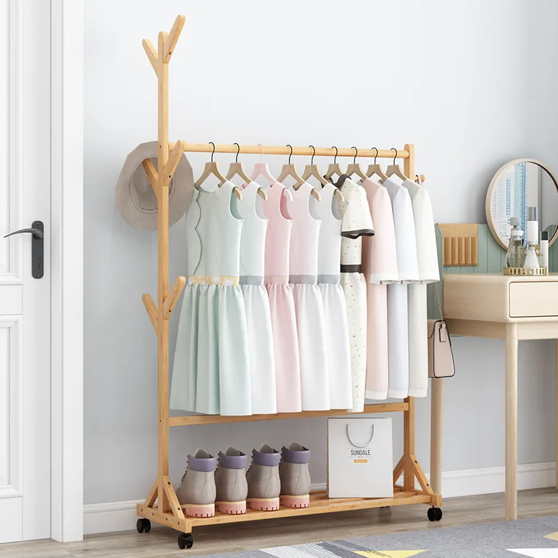 Coat Rack Floor-standing Simple Modern Clothes Hanger Household Solid Wood Storage Bedroom Clothes Mobile Rack