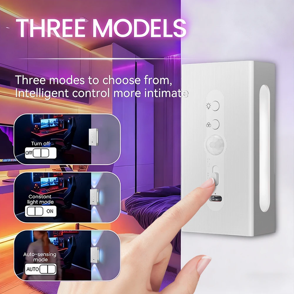 USB Rechargeable White Smart Magnetic Night Lights with Motion Sensor 8 Lighting Modes RGB Ambient Light for Bedroom Stair Decor