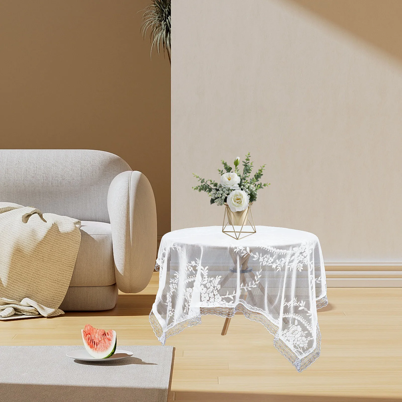 مفرش طاولة دانتيل مستدير مقاس 60 بوصة، غطاء طاولة أبيض أنيق لحماية طاولة الطعام والنزهات، مقاوم للماء وقابل لإعادة الاستخدام #3