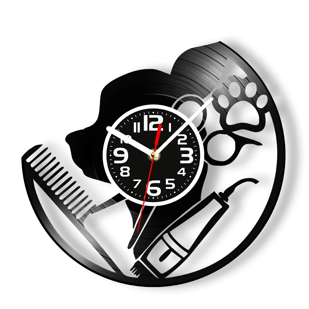 Pet Grooming Vinyl Record Wall Clock For Pet Salon Shop Dog Grooming Tool Design Retro Music Album Wall Clock Pet Owners Gift