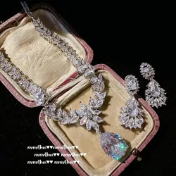 Luxury Fashion 925 Sterling Silver Round White Zircon Jewelry Sets for Women Charm Upscale Statement Bridal Necklace/Earrings