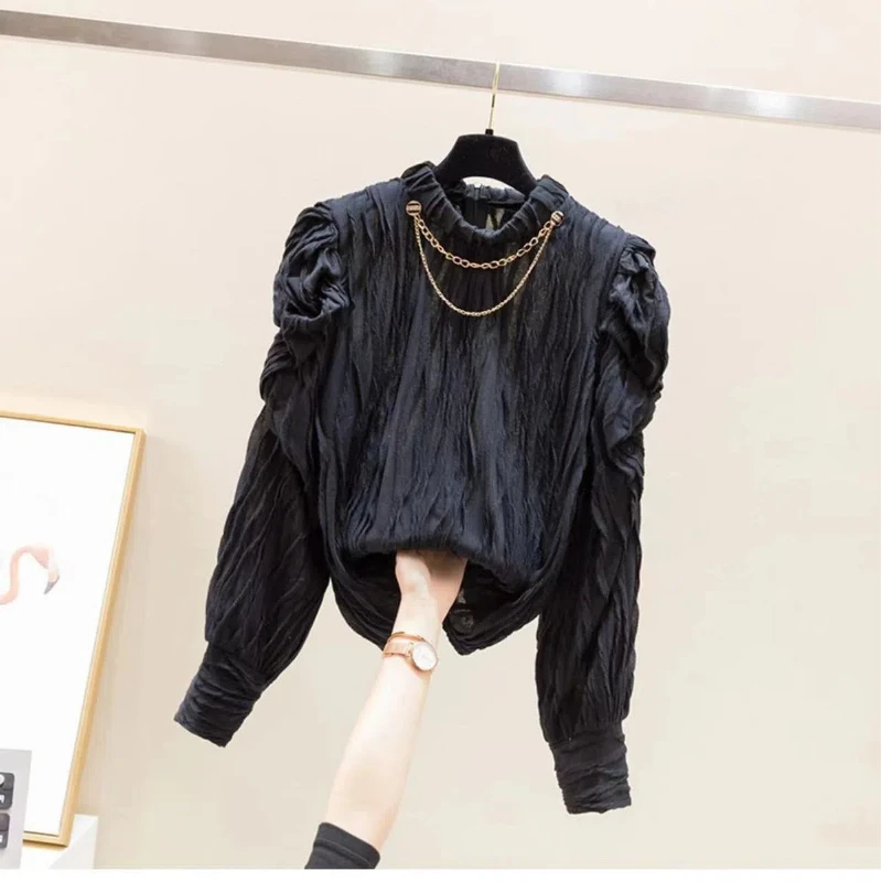 Half High Collar Pleated Vintage Blouses Tops Autumn Winter Long Sleeve Korean Fashion Loose Bottoming Pullovers Women Clothing