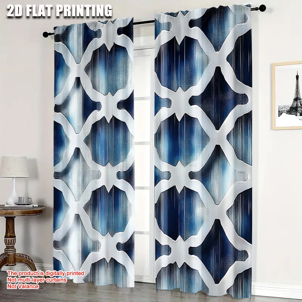 

2Pcs Blue White Moroccan-Inspired Blackout Curtains For Bedroom Living Room Machine Washable Artistic Home Decor