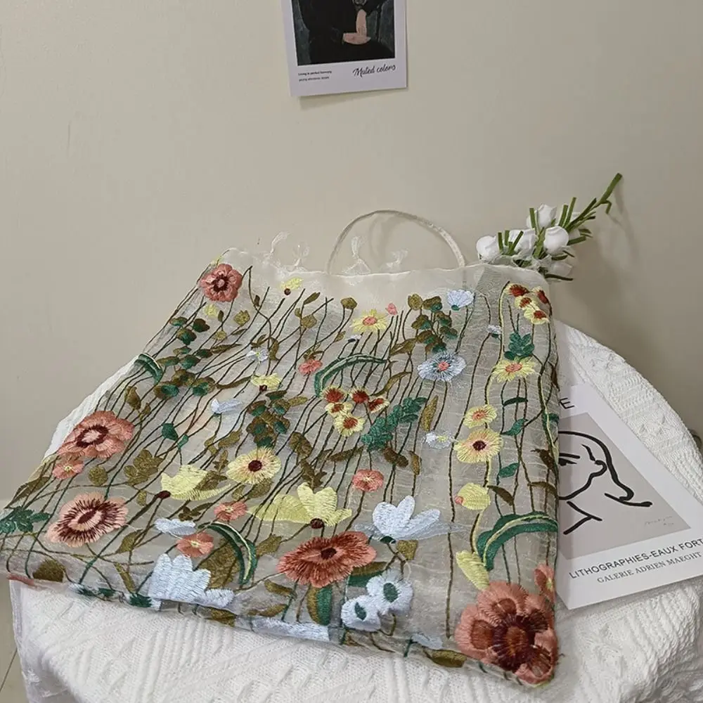 Camellia Bloem Borduren Doek Tas Kant Grote Capaciteit Canvas Schoudertas Kruidenier Handtassen Handtas Etnische Stijl Tas Dames