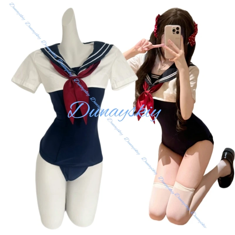 

Womens Anime Cosplay Costume Japanese School Student Sailor Uniform Short Leather Bodysuit Swimsuit Outfit