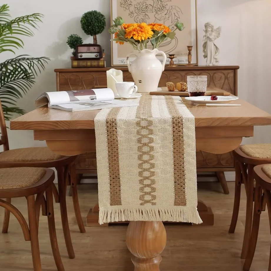 Boho Table Runner Full Sizes With Tassels, Cream Brown Rustic Farmhouse Kitchen Table Decor For Wedding Party Holiday Dining