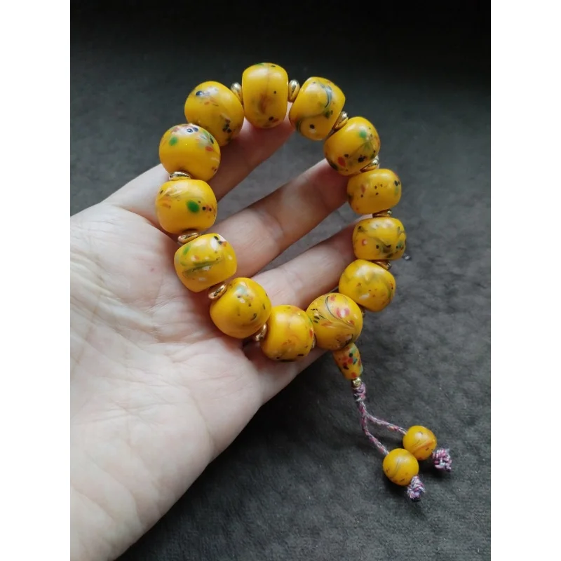 Antique Collection Tibetan Area Backflow Yellow Phoenix Tail Colored Glaze Bracelet Colored Glaze Prayer Beads Bracelet Handheld