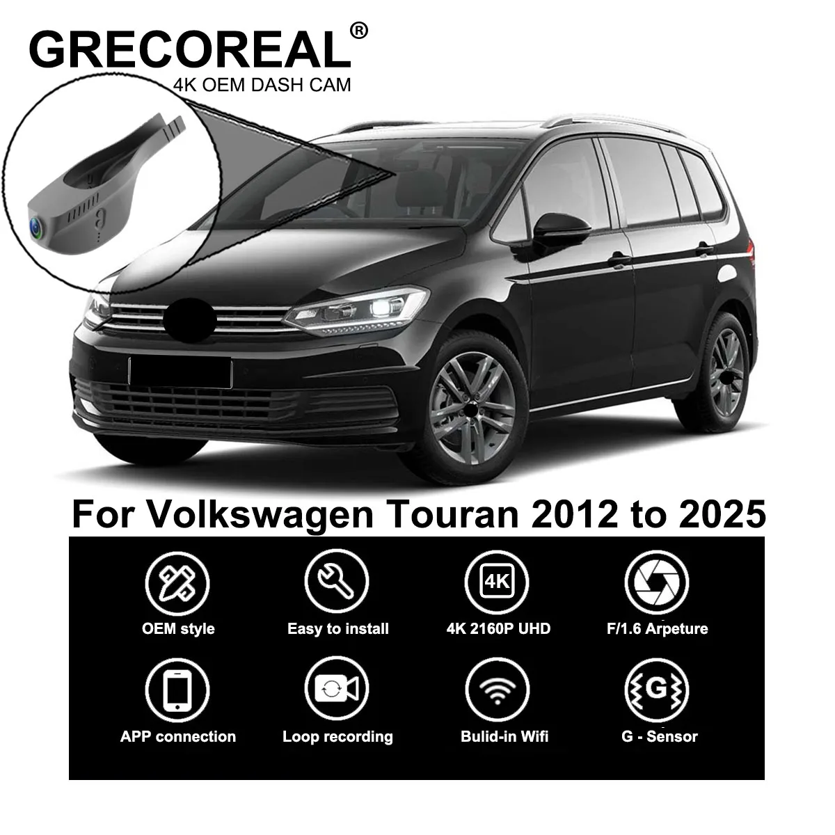 

GRECOREAL 4K Dash Cam Front Rear 2160P WiFi Car Camera Dual Dashcam APP Control Plug Play Compatible with Volkswagen Touran Vw
