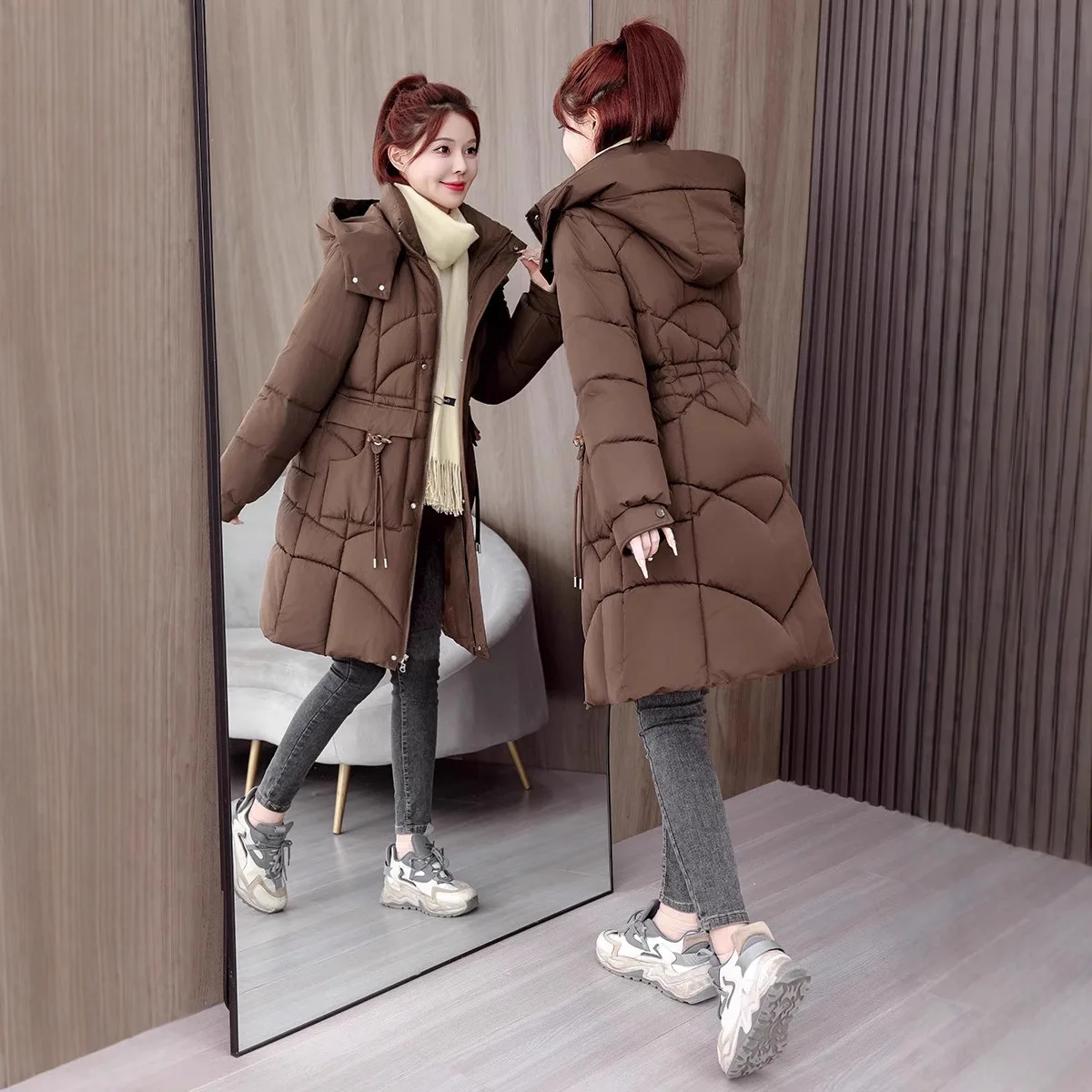 Women's Cotton Jacket 2026 Winter New Item Cotton Jacket Women's Casual Mid to Long Style Waist Cinched Thick Warm Cotton Jacket
