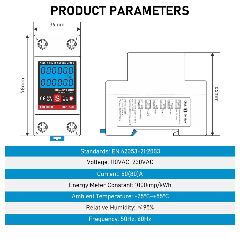 Din Rail Single Phase LCD Digital Energy Meter Reset Zero kWH Voltage Current Power Monitor Electric Wattmeter 220V