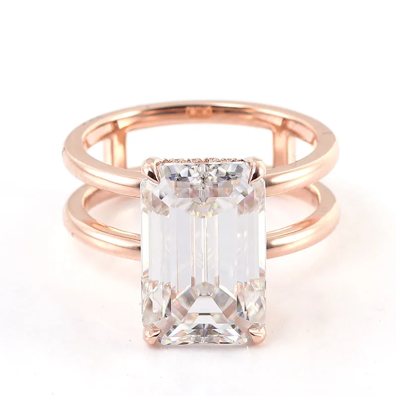 

Provence 14K Rose Gold Hidden Halo Ring With 8*13mm Emerald Cut Moissanite Diamond For Women Two Rows Engagement Ring