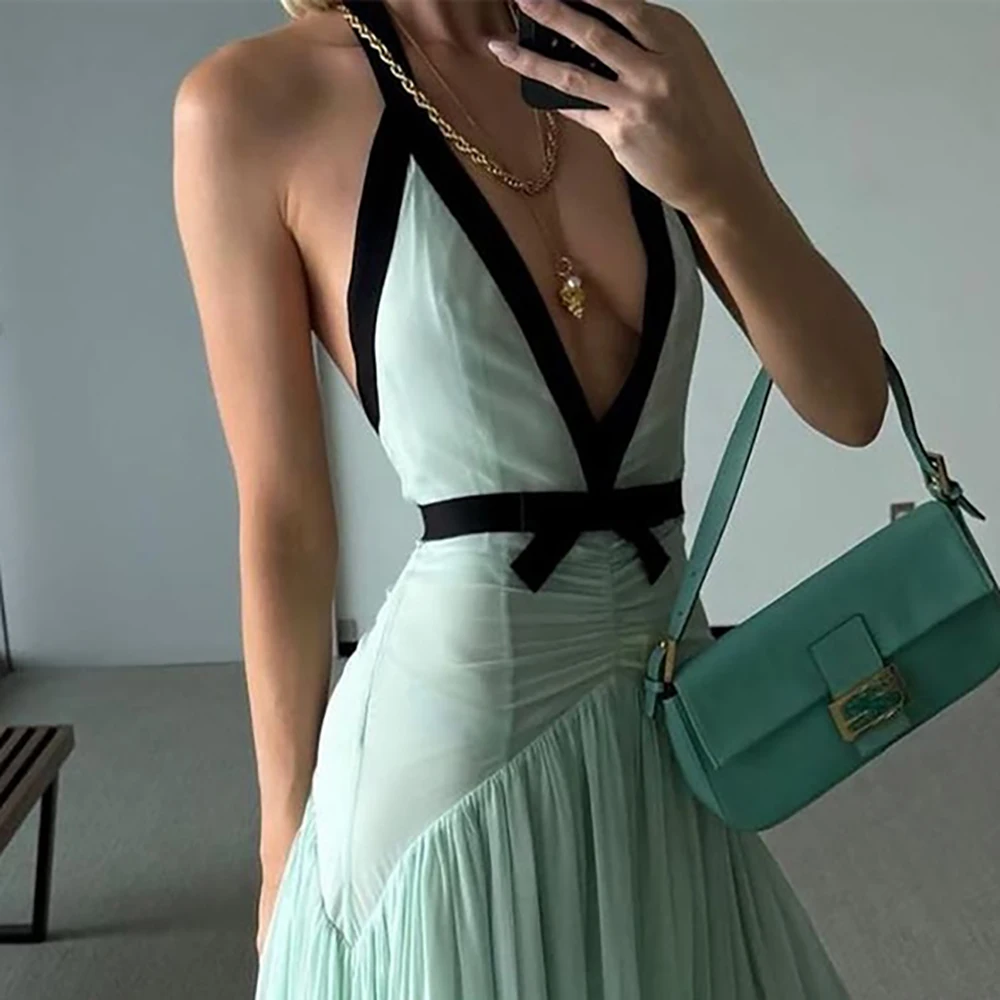 

Custom Made Women Dress Elegant Chic Halter V-neck Sleeveless Chiffon Evening Dress Simple Summer Floor-length Party Gown