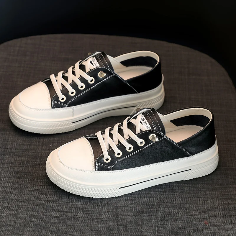 Women Genuine Leather 2‑Way Wear Skate Shoes Black White Platform Sneakers Ladies Soft Non‑Slip Casual Walking Footwear