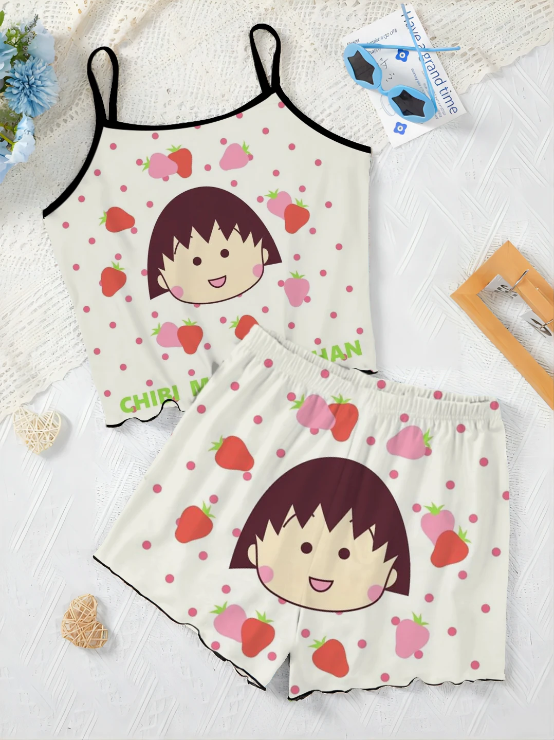 Elegant Women's Sets Slip Dress Chibi Maruko-chan Lettuce Trim T-shirt Top Pajama Skirt Pieces Short Summer Suit Home Dress Top