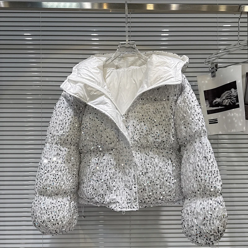 Winter Hooded Cotton Padded Silver Sequins Jacket Women Drawstring Casual Puff Thicken Outwears Female Short Zipper Warm Jackets