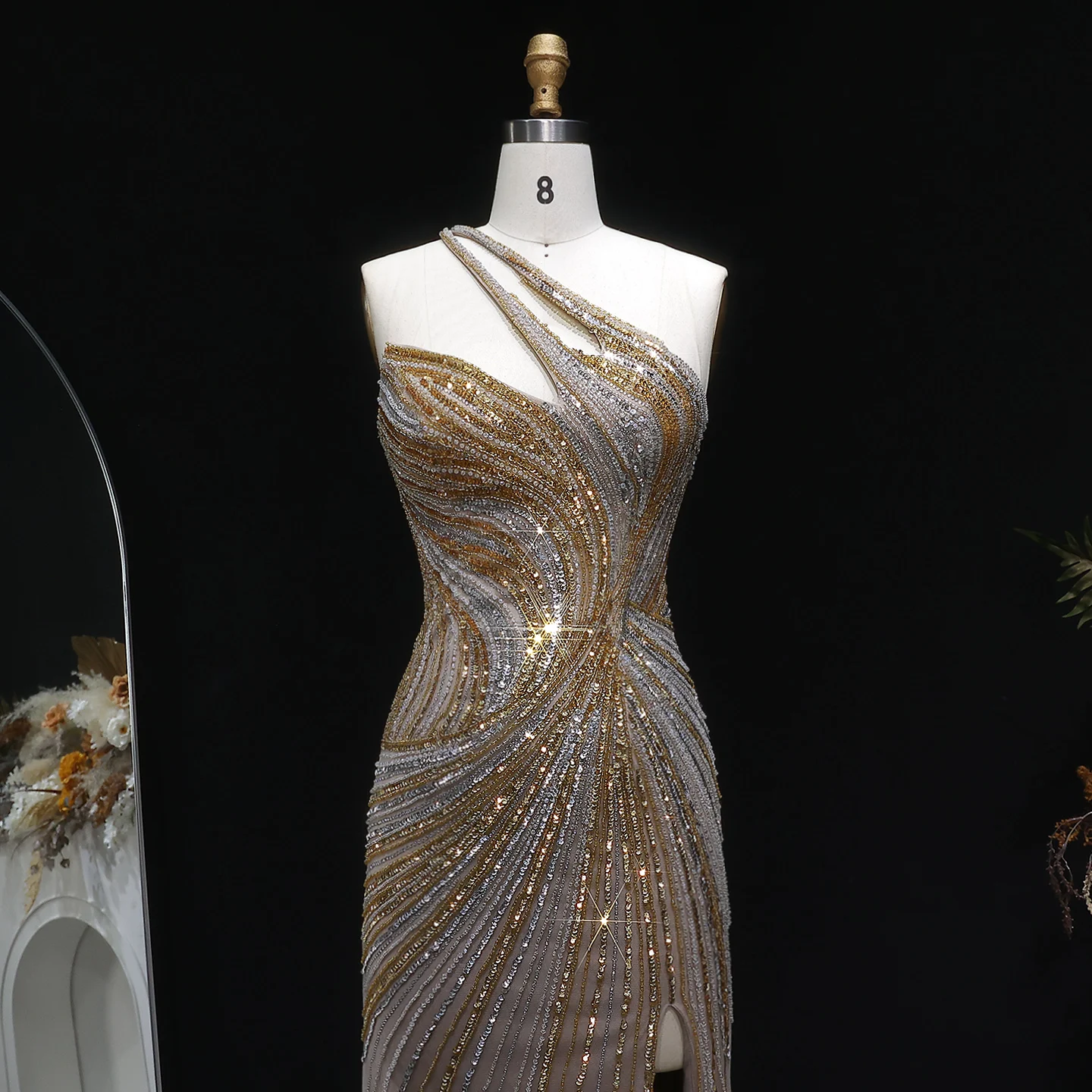 Sharon Said Dubai Einschultrige Meerjungfrauen-Abendkleider mit Pailletten und Perlen, Formelle Ballkleider für Damen SS153 Maßanfertigung – Detail 5