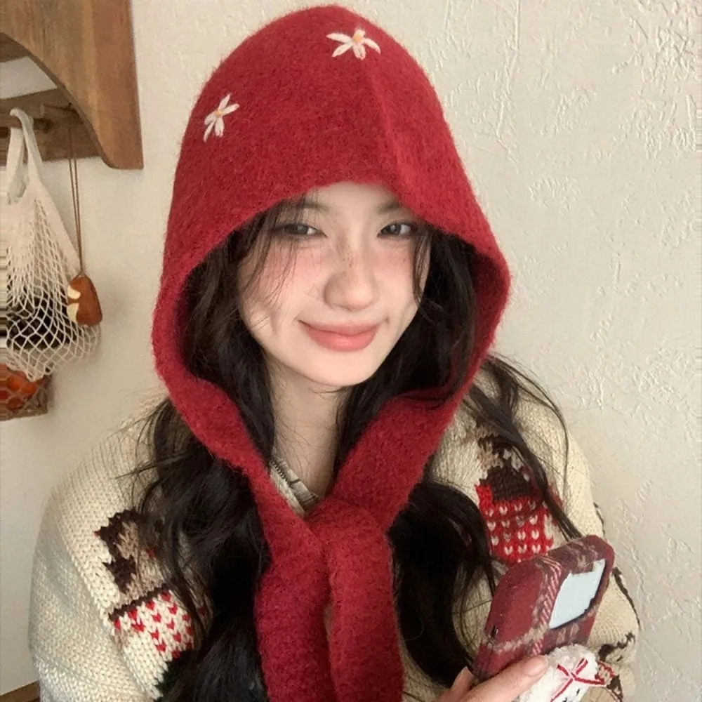 

Cute Sweet Knitted Balaclava Hat Embroidered Flowers Woolen Neck Collar Beanies Cap Coldproof Neck Protector Pullover Cap Winter