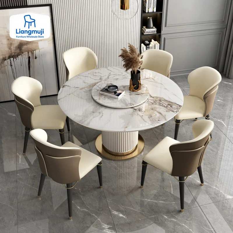 Luxury Marble Top Minimalist Round Sliding Dining Table with 4 Chairs for Small Apartment Home Furniture Kitchen Table