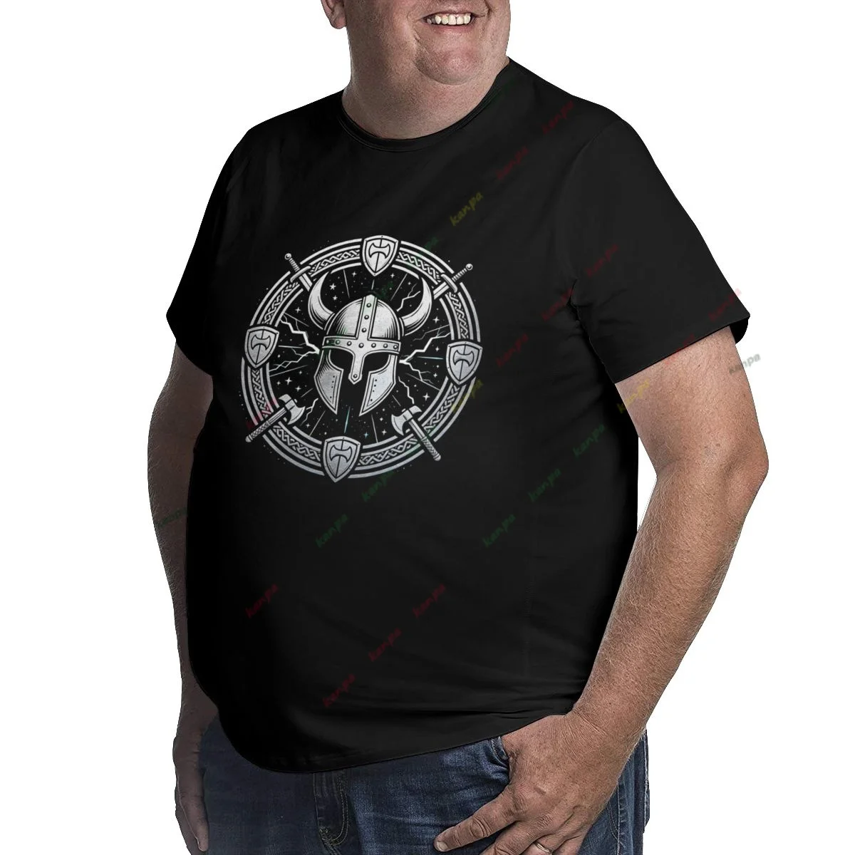 Men's Plus Size Casual T-Shirt 110-180kg Vintage European Knight Helmet Graphic Tee Round Neck Short Sleeve Oversized Top Black
