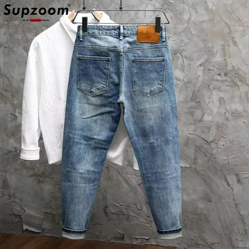 Supzoom-pantalones vaqueros de algodón con bolsillos para hombre, Jeans informales de retales con cremallera, lavado a la piedra, gran oferta, otoño