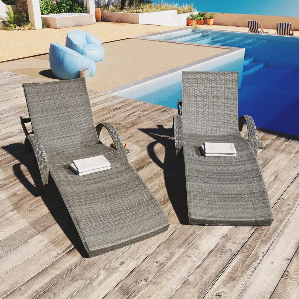 

Chaise Lounge, Lounge Chairs Set of 2 Wicker Recliner Chair with Pull-Out Side Table, Adjust Back Patio Sunbathing Lounge Chairs