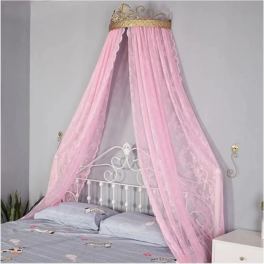 

Canopy Bed Frame,Mosquito Net for Bed,Princess Bed Canopy, Lace Mosquito Net Bed Curtain Drapery with Metal Crown Decorative Cas