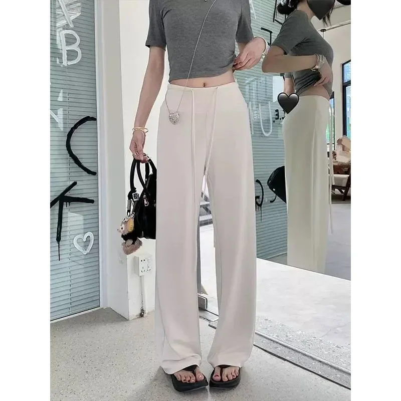 Women High Waist Draped Drawstring Wide Leg Pants Solid Color Commuter Straight Long Trousers