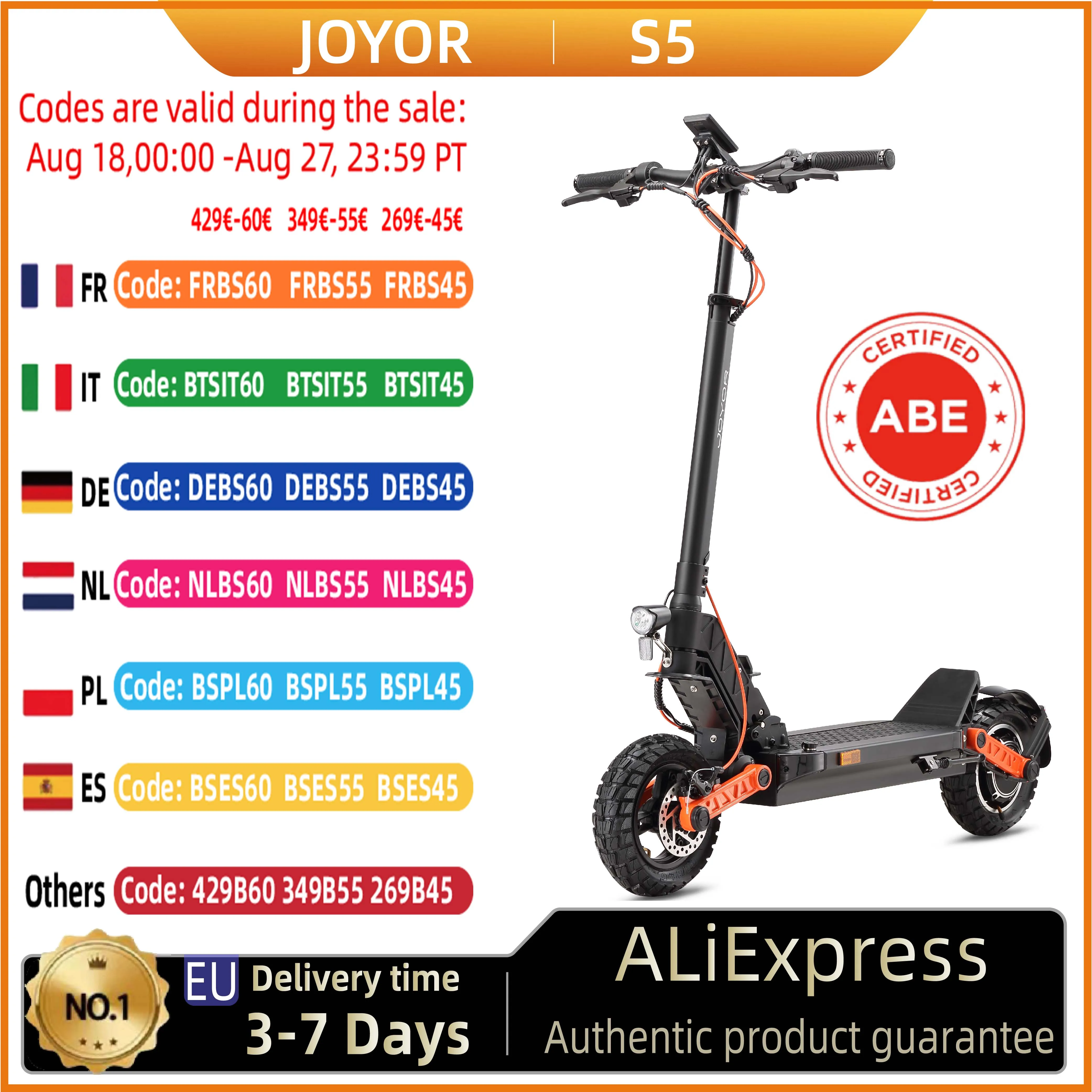 JOYOR S5(ABE) Pneumatici da 10 pollici Scooter elettrico 48V 13Ah Batteria 500W Motore E-Scooter 20 km/h Velocità massima Portata 40-55 km Cruise Control