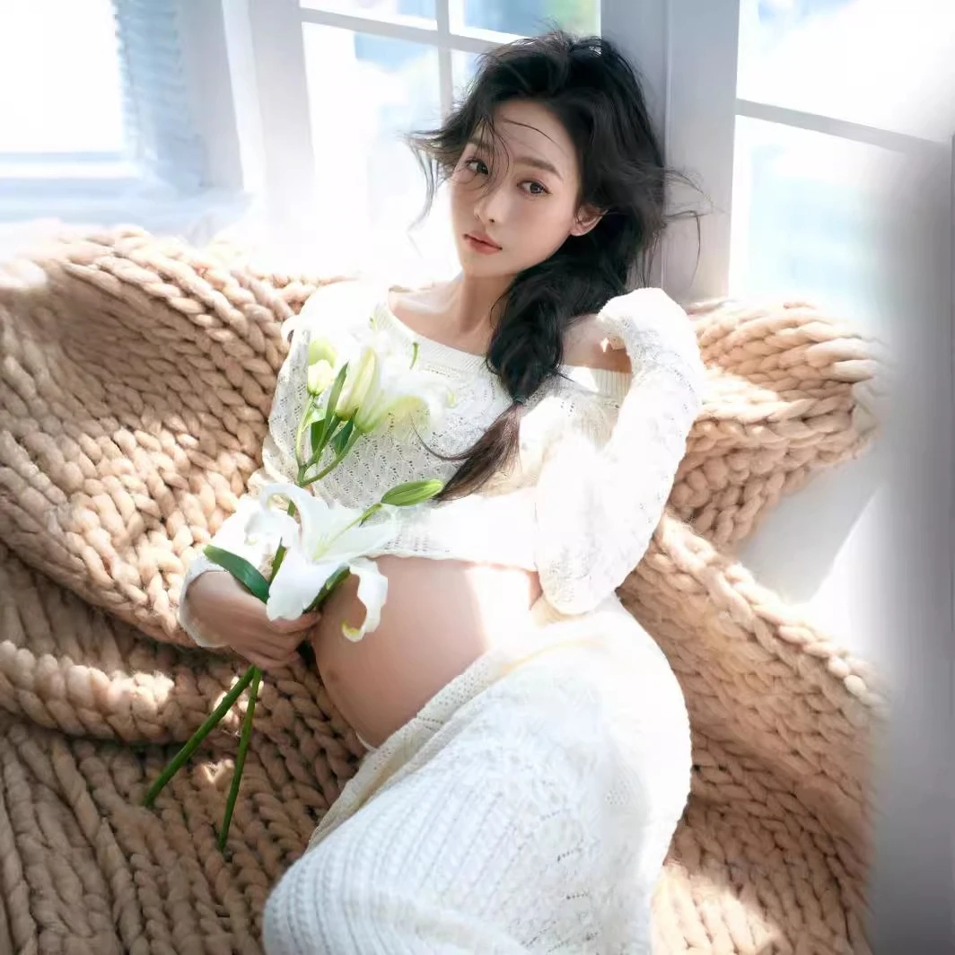 สตรีชุดคลุมท้องสําหรับการถ่ายภาพสีขาวElegantถักหนึ่งไหล่การตั้งครรภ์กระโปรงสําหรับสตูดิโอถ่ายภาพเสื้อผ้า