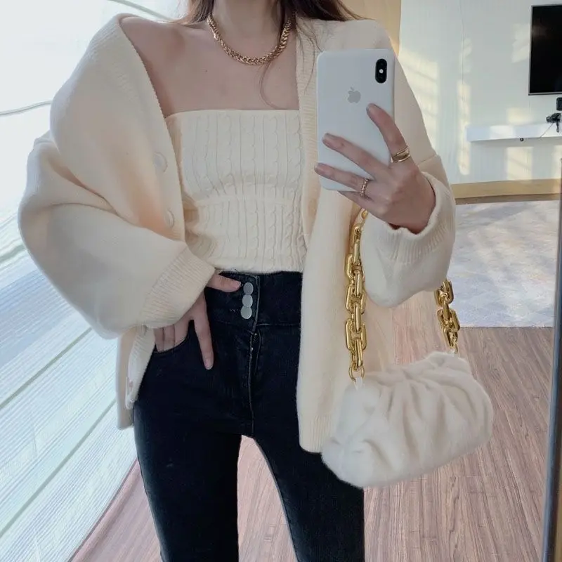 Autumn and Winter High End Explosive Soft Glutinous Milk Sweater Coat Women\'s Bra Knitted Cardigan Casual Two Piece Set