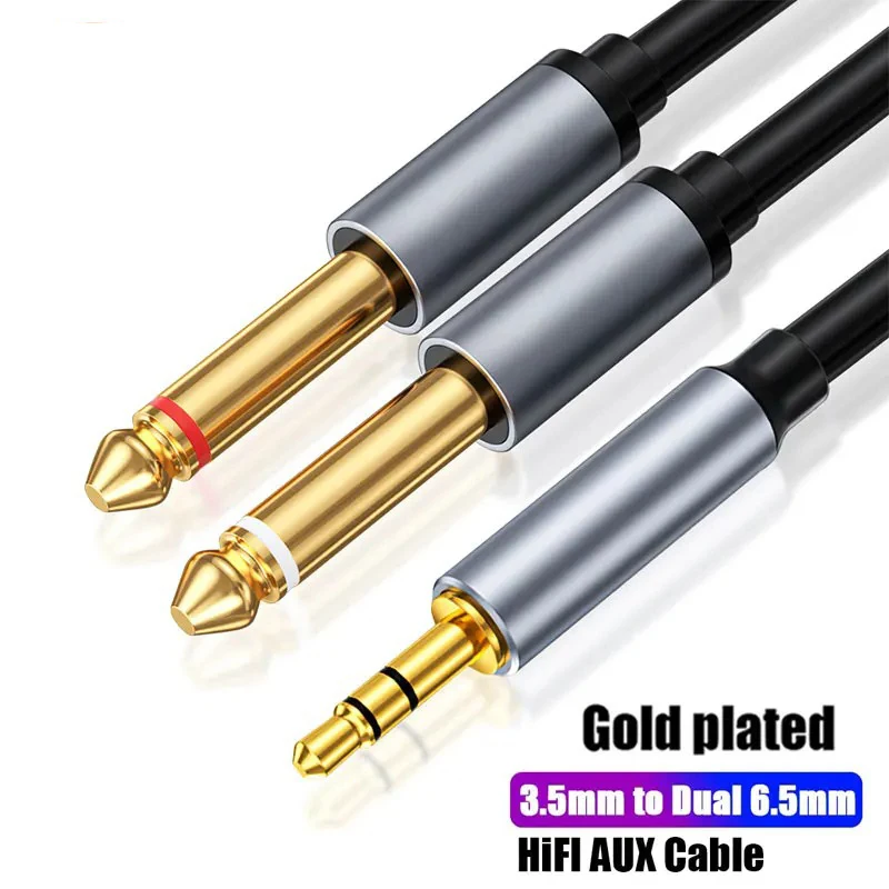 3.5 to Double 6.35 Jack Cable Aux Male to 6.5mm Mono 3.5mm TRS to Dual 6.35mm Y-Splitter Adapter Audio Cable for Mixer Amplifier