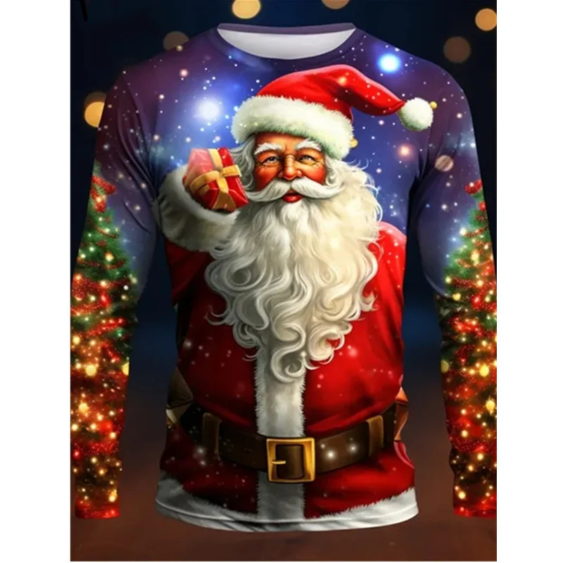Christmas Seris Pattern T-Shirt For Men Funny Santa Claus 3D Printed T Shirts Autumn Casual Long Sleeves Loose O-Neck Tops Tees